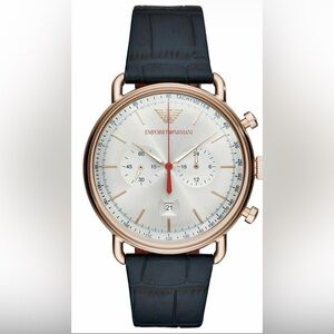 Emporio Armani aviator men’s Rose Gold Chronograph Watch with leather strap